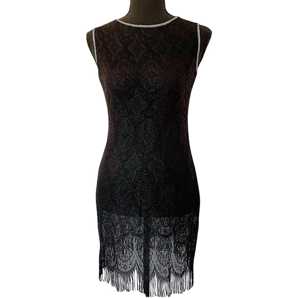 90s Vintage Sheer Black Lace Dress with Fringe - Size 5 Jonathan Martin